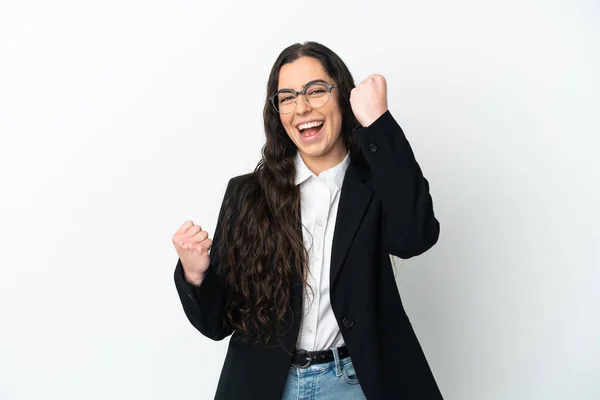 Young Business Woman Isolated White Background Celebrating Victory — Zdjęcie stockowe
