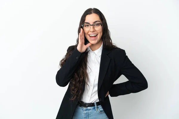 Young Business Woman Isolated White Background Shouting Mouth Wide Open — Zdjęcie stockowe