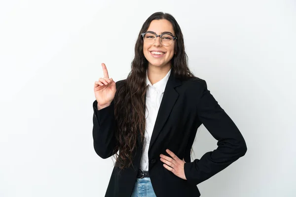 Young Business Woman Isolated White Background Showing Lifting Finger Sign —  Fotos de Stock