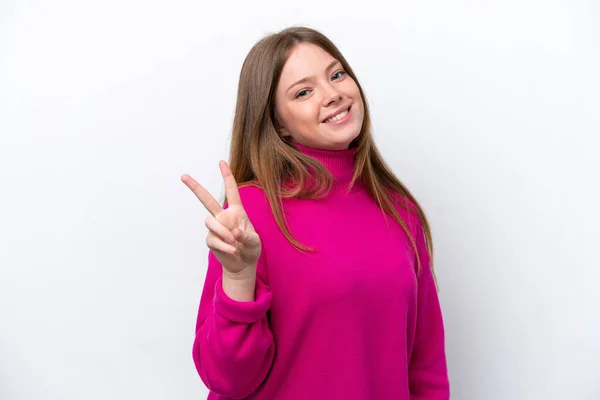 Beyaz Arka Planda Izole Edilmiş Genç Beyaz Kadın Gülümsüyor Zafer — Stok fotoğraf