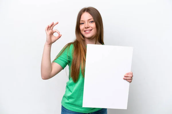 Junge Kaukasische Frau Isoliert Auf Weißem Hintergrund Hält Ein Leeres — Stockfoto