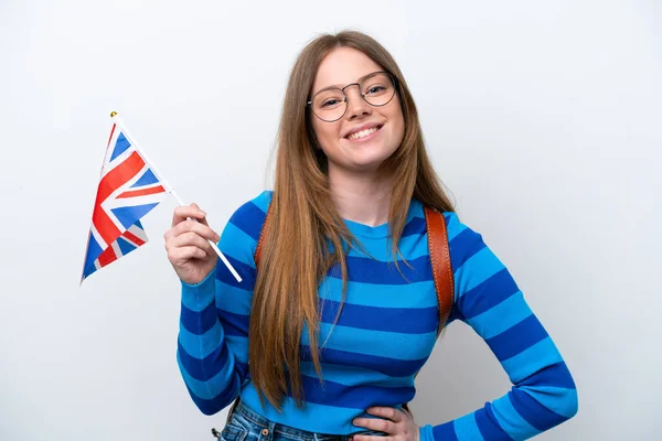 Mladá Běloška Drží Vlajku Spojeného Království Izolované Bílém Pozadí Pózuje — Stock fotografie