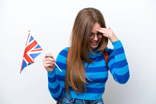 Young Caucasian Woman Holding United Kingdom Flag Isolated White Background — Stock Photo, Image