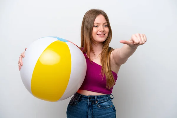 Young Caucasian Woman Holding Beach Ball Isolated White Background Giving — Φωτογραφία Αρχείου