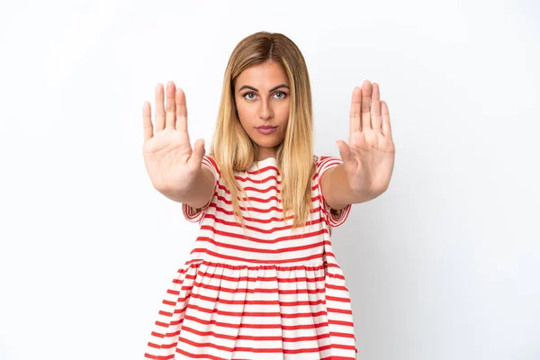 Blonde Uruguayan Girl Isolated White Background Making Stop Gesture Disappointed — Stock Fotó