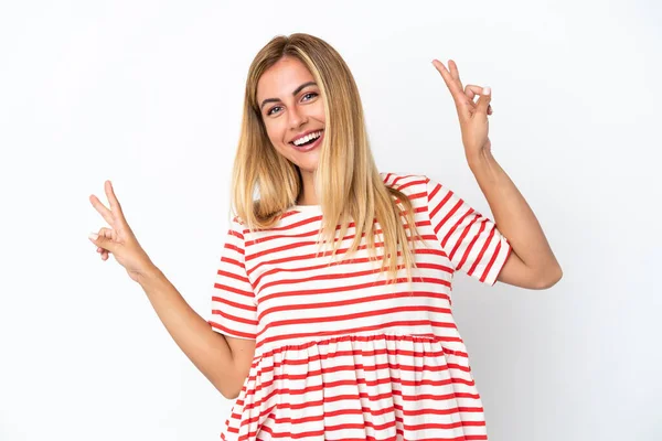 Blonde Uruguayan Girl Isolated White Background Showing Victory Sign Both — Zdjęcie stockowe