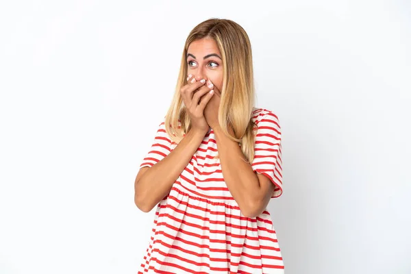 Blonde Uruguayan Girl Isolated White Background Covering Mouth Looking Side — Stock Fotó