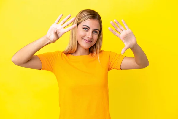 Blonde Uruguayan Girl Isolated Yellow Background Counting Nine Fingers — 스톡 사진