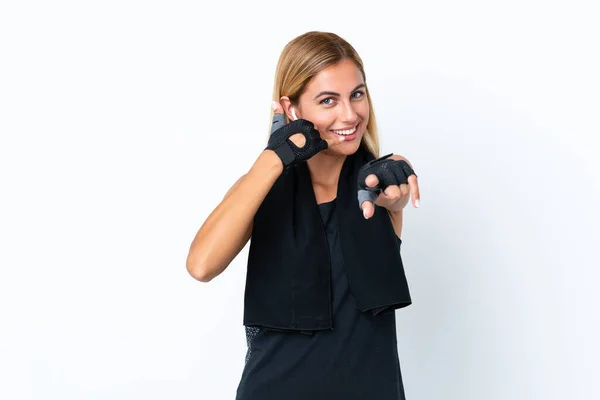 Blonde Uruguayan Sport Girl Isolated White Background Making Phone Gesture — Zdjęcie stockowe