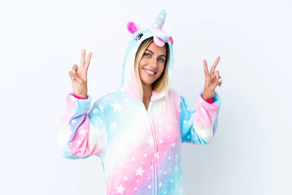 Blonde Uruguayan Girl Wearing Unicorn Pajama Isolated White Background Showing — Zdjęcie stockowe