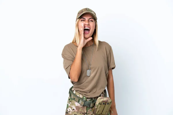 Military Woman Dog Tag Isolated White Background Shouting Mouth Wide — ストック写真