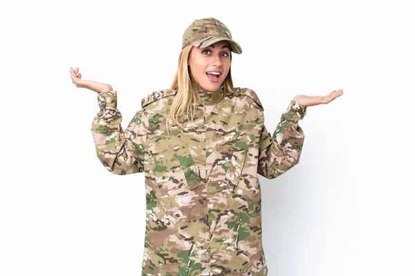 Military Woman Isolated White Background Shocked Facial Expression — Foto Stock