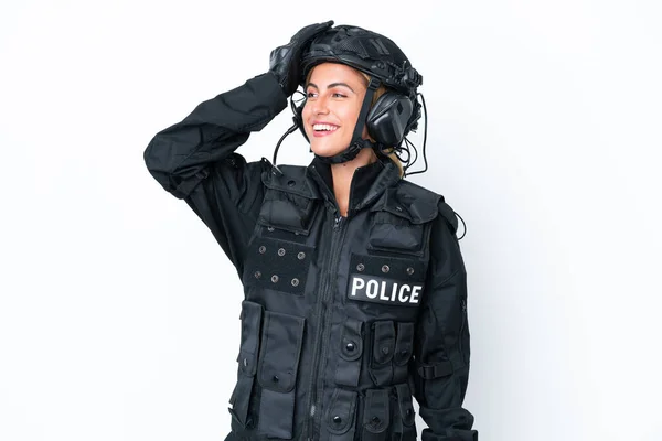 Swat Caucasian Woman Isolated White Background Has Realized Something Intending — Stock Photo, Image