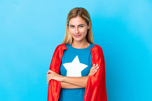 Blonde Woman Isolated Background Superhero Costume Arms Crossed — Zdjęcie stockowe