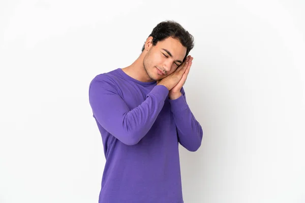 Caucasian Handsome Man Isolated White Background Making Sleep Gesture Dorable — Fotografie, imagine de stoc