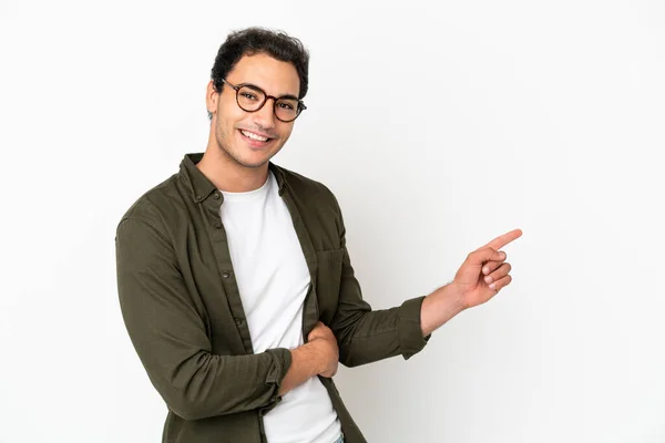Caucasian Handsome Man Isolated White Background Pointing Finger Side — Zdjęcie stockowe