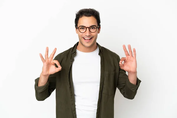 Caucasian Handsome Man Isolated White Background Showing Sign Two Hands — Foto de Stock
