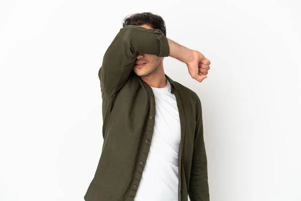 Caucasian Handsome Man Isolated White Background Covering Eyes Hands — Zdjęcie stockowe