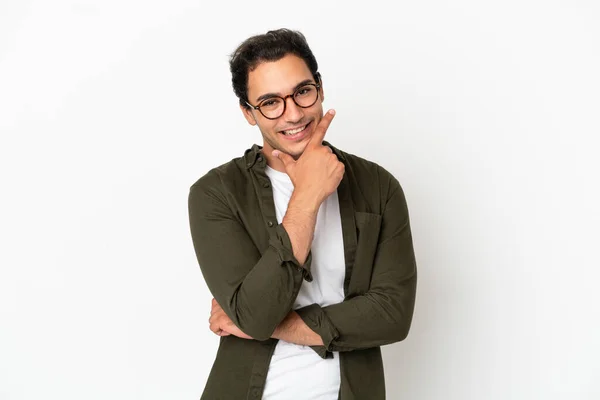 Caucásico Guapo Hombre Sobre Aislado Blanco Fondo Feliz Sonriente —  Fotos de Stock