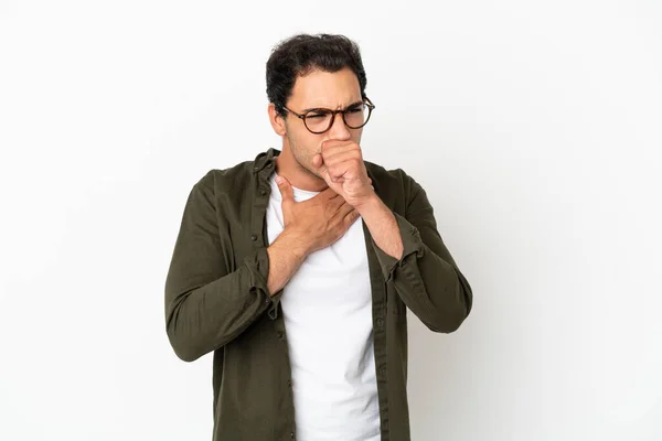 Caucasian Handsome Man Isolated White Background Coughing Lot — Stock Photo, Image