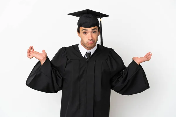 Jonge Universiteit Afgestudeerd Geïsoleerde Witte Achtergrond Met Twijfels Terwijl Het — Stockfoto