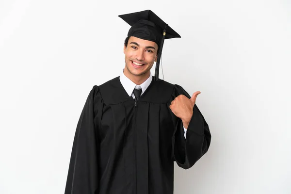 Graduação Universitária Jovem Sobre Fundo Branco Isolado Apontando Para Lado — Fotografia de Stock