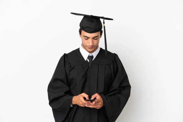 Young University Graduate Isolated White Background Sending Message Mobile — Stockfoto