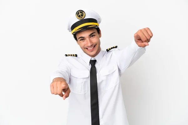 Airplane Pilot Isolated White Background Points Finger You While Smiling — Zdjęcie stockowe