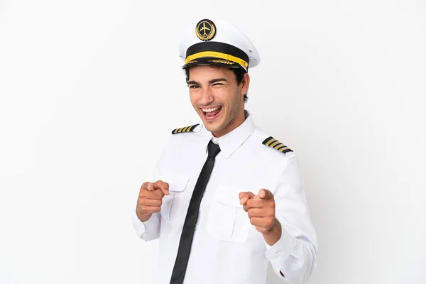 Airplane Pilot Isolated White Background Pointing Front Smiling — Zdjęcie stockowe