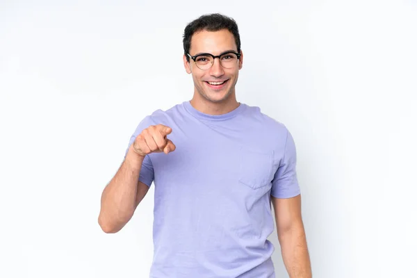 Young Caucasian Man Isolated White Background Surprised Pointing Front — Stock Photo, Image