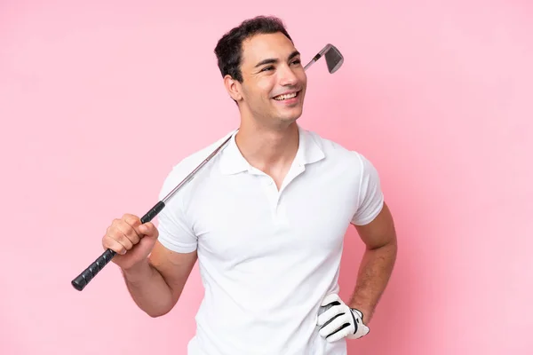 Young Golfer Player Man Isolated Pink Background Posing Arms Hip — 图库照片