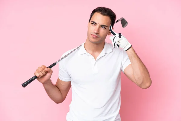 Young Golfer Player Man Isolated Pink Background Having Doubts Thinking — 图库照片