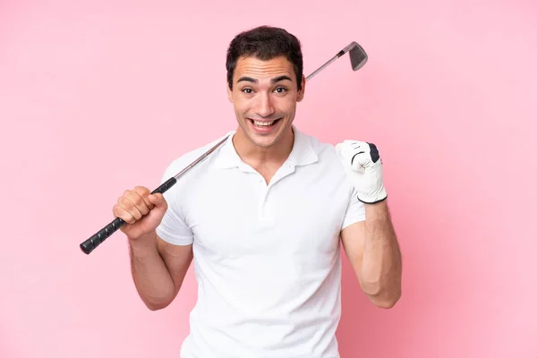 Young Golfer Player Man Isolated Pink Background Celebrating Victory Winner — 图库照片