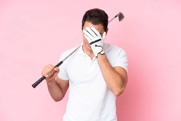 Young Golfer Player Man Isolated Pink Background Tired Sick Expression — Foto Stock