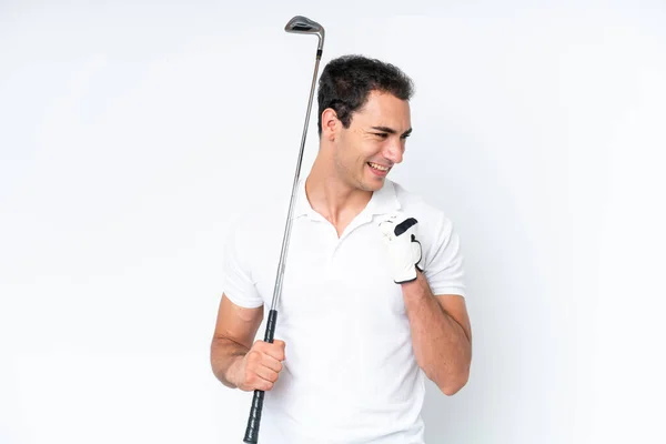Young Caucasian Man Isolated White Background Playing Golf Celebrating Victory — 图库照片