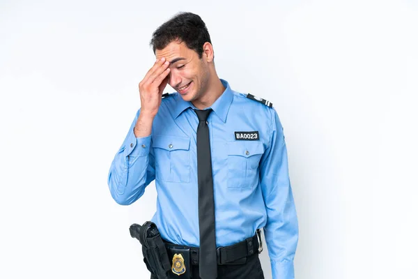 Young Police Caucasian Man Isolated White Background Laughing — Stok fotoğraf