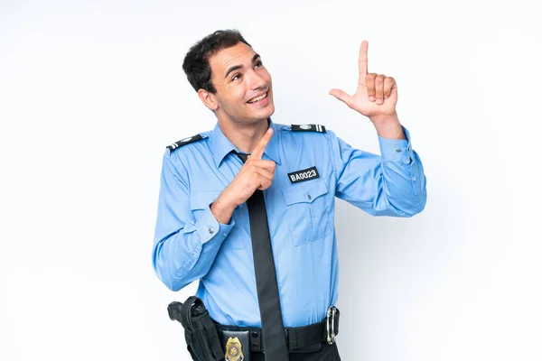 Young Police Caucasian Man Isolated White Background Pointing Index Finger — Stok fotoğraf