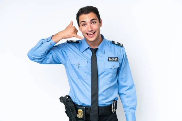Young Police Caucasian Man Isolated White Background Making Phone Gesture — Stockfoto