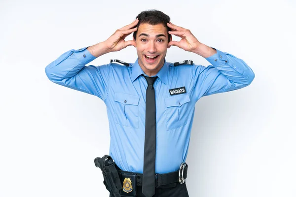 Young Police Caucasian Man Isolated White Background Surprise Expression — Stockfoto