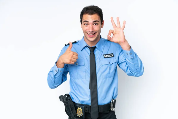 Молодий Поліцейський Білий Чоловік Ізольований Білому Тлі Показуючи Знак Жест — стокове фото