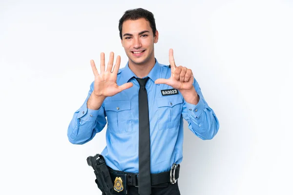 Молодий Поліцейський Білий Чоловік Ізольований Білому Тлі Рахуючи Сім Пальцями — стокове фото