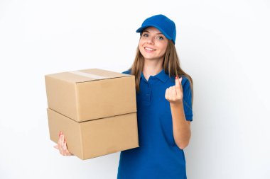 Litvanyalı kadın beyaz arka planda izole halde para hareketi yapıyor.