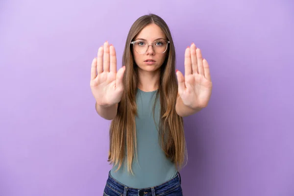 Young Lithuanian Woman Isolated Purple Background Making Stop Gesture Disappointed — Stockfoto