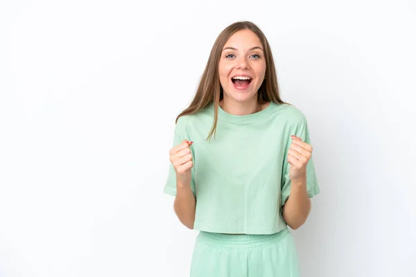 Young Lithuanian Woman Isolated White Background Celebrating Victory Winner Position — Stock Photo, Image