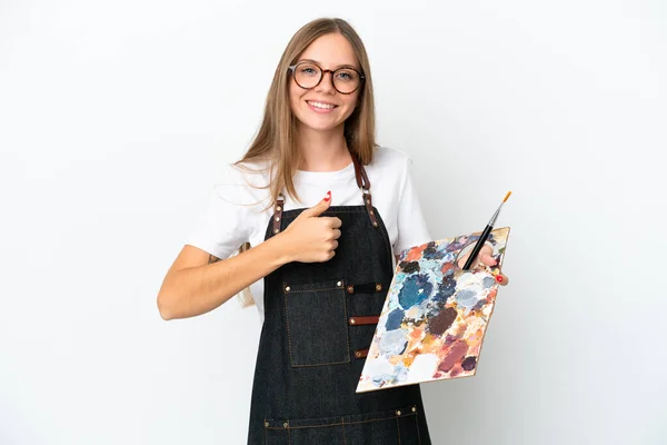 Młody Artysta Litewski Kobieta Trzyma Paletę Odizolowanych Białym Tle Dając — Zdjęcie stockowe
