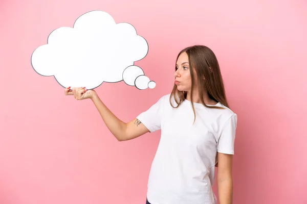 Young Lithuanian Woman Isolated Pink Background Holding Thinking Speech Bubble — Stock Photo, Image