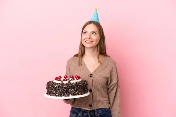 Young Lithuanian Woman Holding Birthday Cake Isolated Pink Background Thinking — Stock Photo, Image