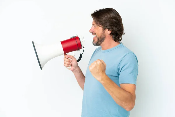 Senior Dutch Man Isolated White Background Shouting Megaphone Announce Something — Stock Photo, Image