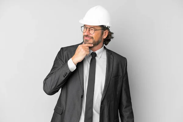 Young Architect Man Helmet Isolated Background Looking Side — Stock Photo, Image