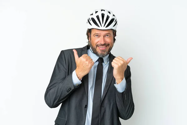 Homem Negócios Sênior Com Capacete Bicicleta Isolado Fundo Branco Com — Fotografia de Stock